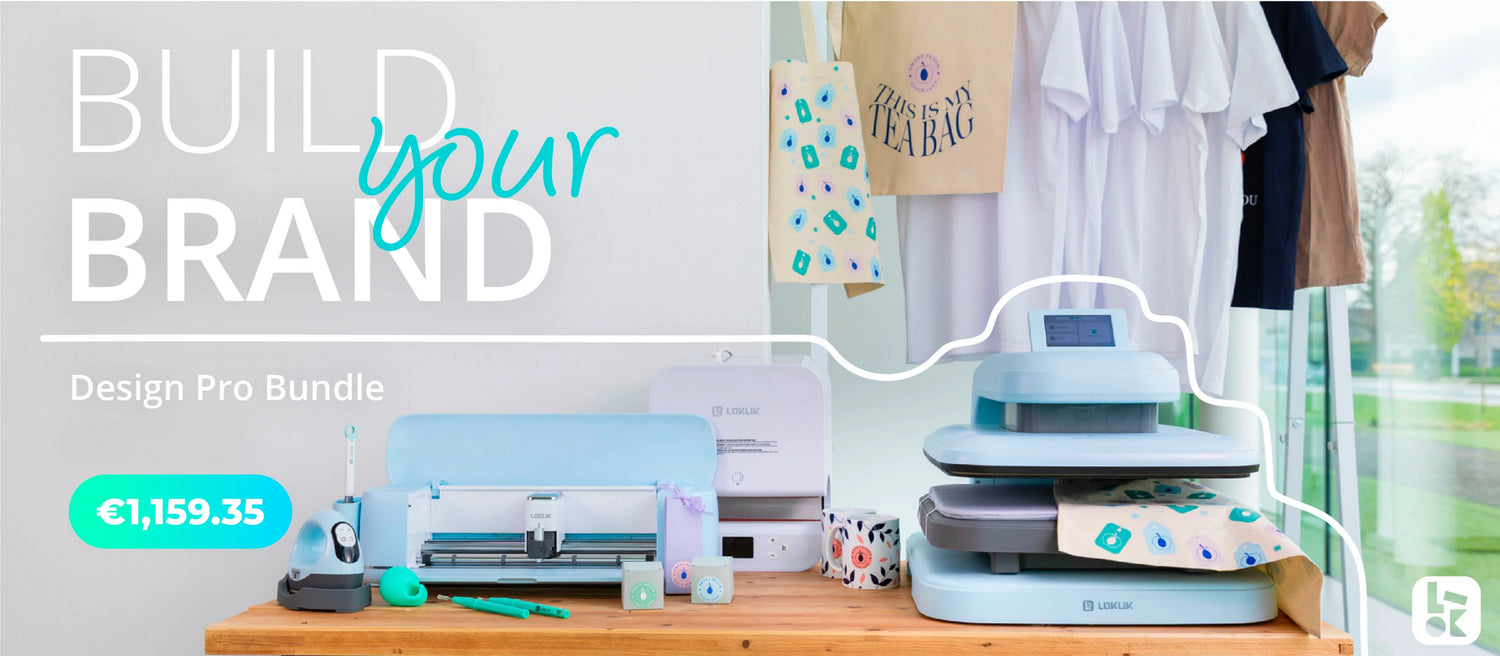 Design Pro Bundle with crafting equipment on a table, text 'Build your Brand' displayed.