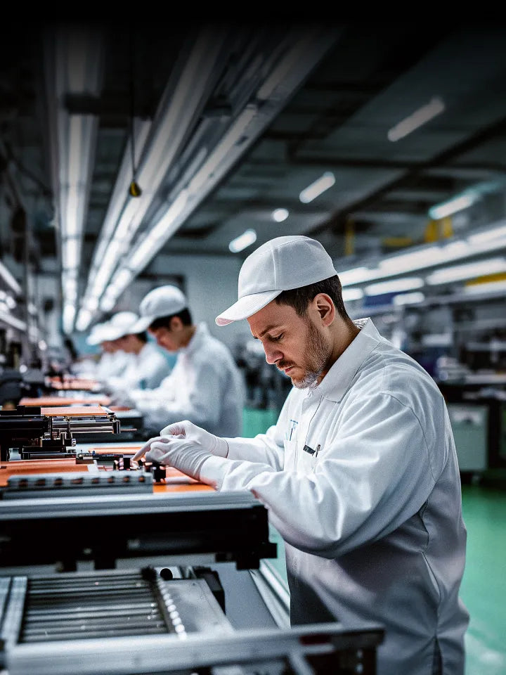 Worker in a factory setting wearing a white uniform and cap, focused on assembly line work.